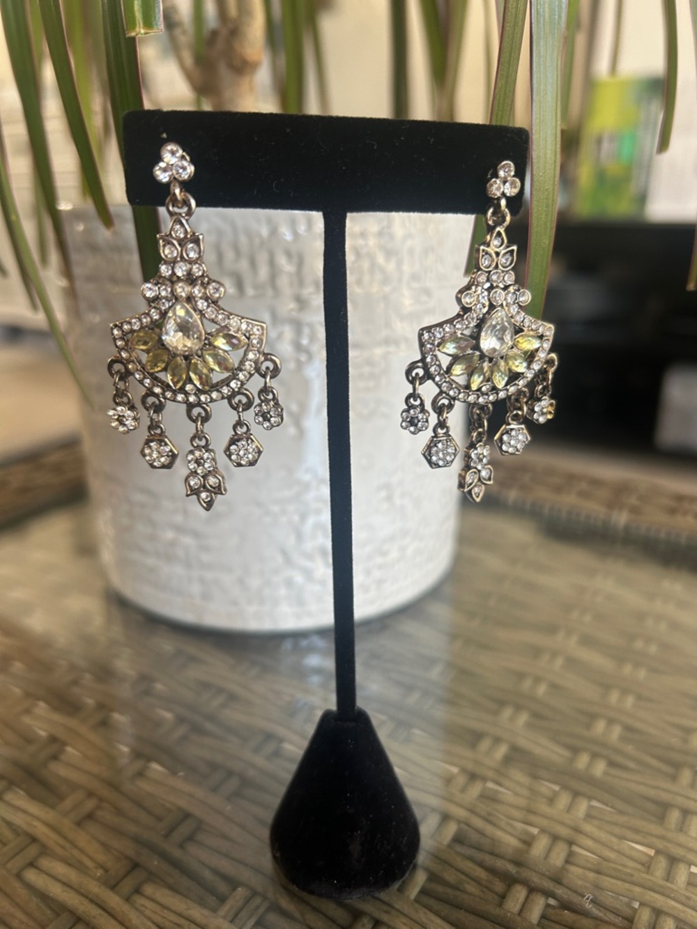 Crystal Chandelier Drop Earrings - Silver with Yellow Accents